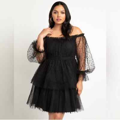 ELOQUII Women's Plus Size Mixed Tulle Mini Dress, Size: 14, Black