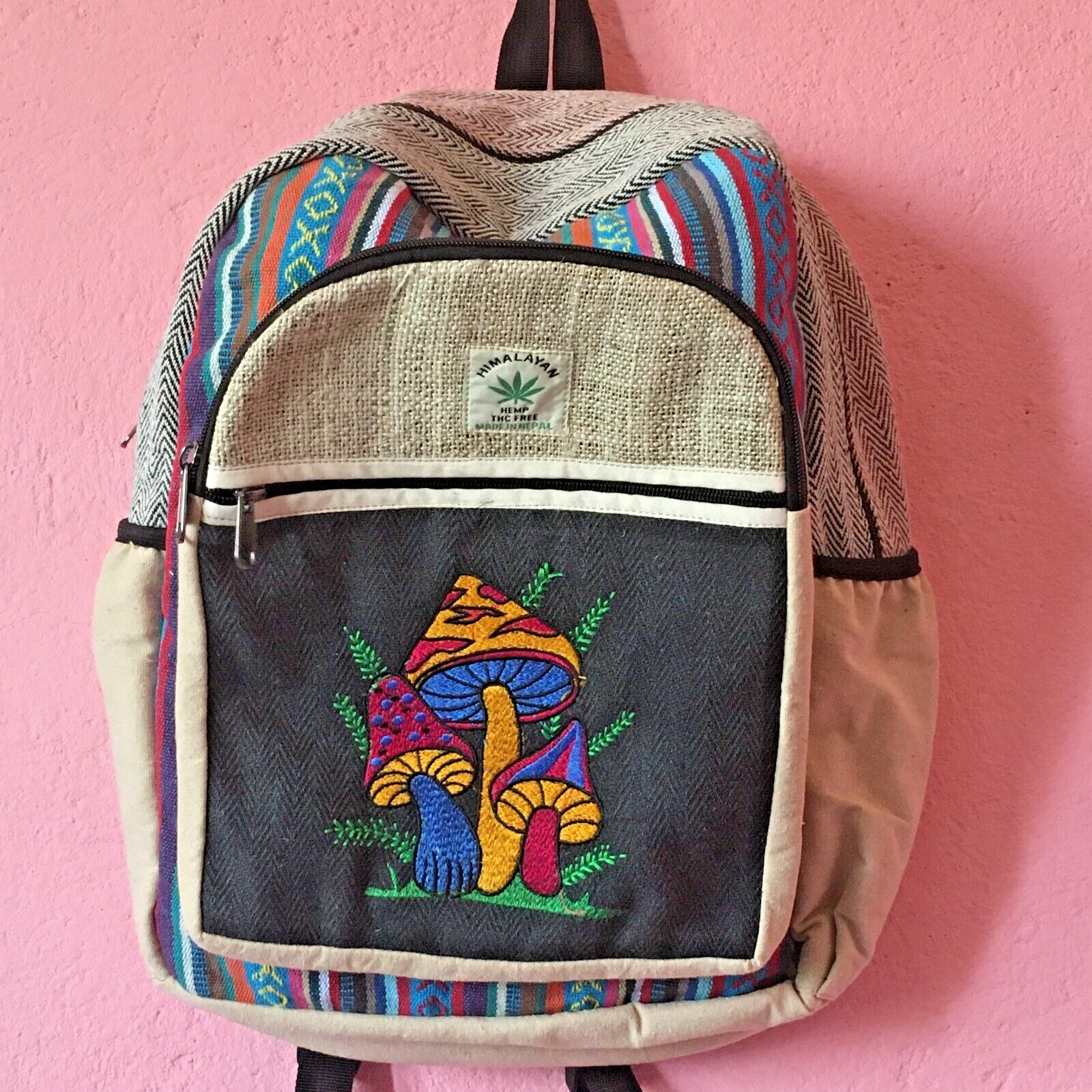 Mushroom Printed Hemp Backpack | Camping/School |Adult Size| Handmade In Nepal |