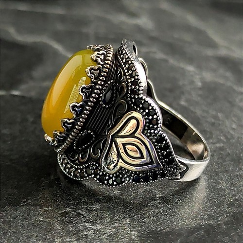 Men's Oval Yellow Amber Agate Gemstone Silver Ring , Silver 3 Petal Gonca Ring - Picture 4 of 8