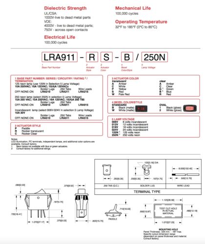 CARLING TECHNOLOGIES LRA911-RS-B/125N Lighted Rocker Switch,SPST,3 Connections - Picture 3 of 4