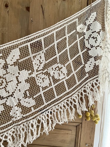 Art Deco French MANTELPIECE floral COVER curtain cotton FILET LACE FRINGES c1930 - Bild 6 von 12