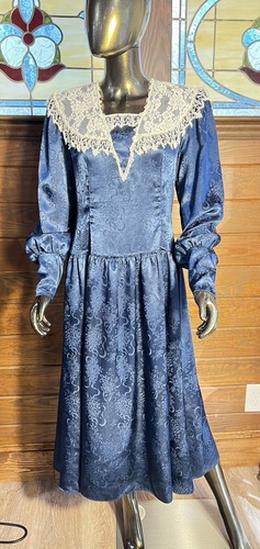Vintage 80er Scott McClintock 8 dunkelblau Jacquard Kleid Spitze Latz viktorianische Manschette - Bild 2 von 10