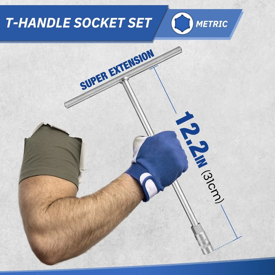 T - Handle Socket Set,3 Pieces(8mm, 10mm, 12mm),Cr-V，Metric T Handle Wrench Set - Image 3 of 4