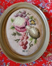 Vintage Completed  Framed Oval Wool Needlepoint Fruit 7X10" Padded Muted Colors