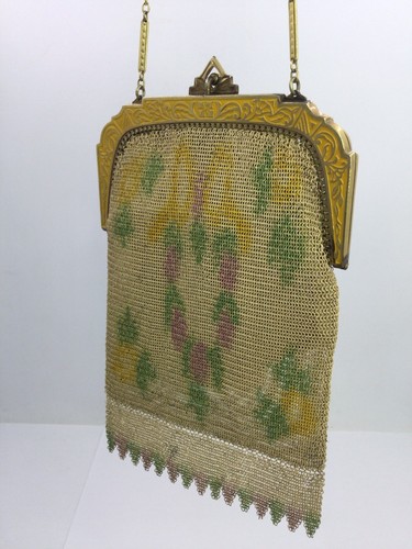 ART DECO MESH ENAMEL HAND BAG WB MIRROR - GOLDEN YELLOW - GREEN - PINK (I1350) - Picture 4 of 12