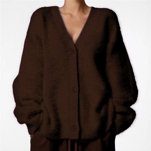 Fluffy Plain Sweater Jumper Cardigan Tops Casual Women Winter Warm Button V neck - Picture 10 of 22