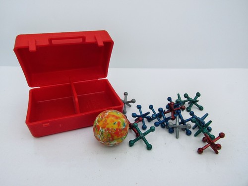Vintage Ball & Jacks Set with Red Plastic Case - 15 Metal Jacks & Marbled Ball - Picture 2 of 7
