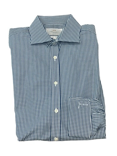 HAWES & CURTIS MEN'S DRESS SHIRT NAVY GINGHAM CHECK NON IRON FRENCH CUFF 16/34 - Picture 2 of 8