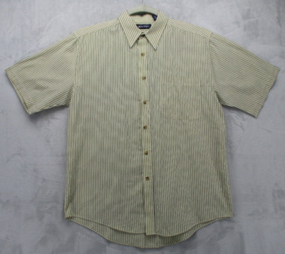 Puritan Button Up Shirt Men's Medium Beige with Blue Stripe