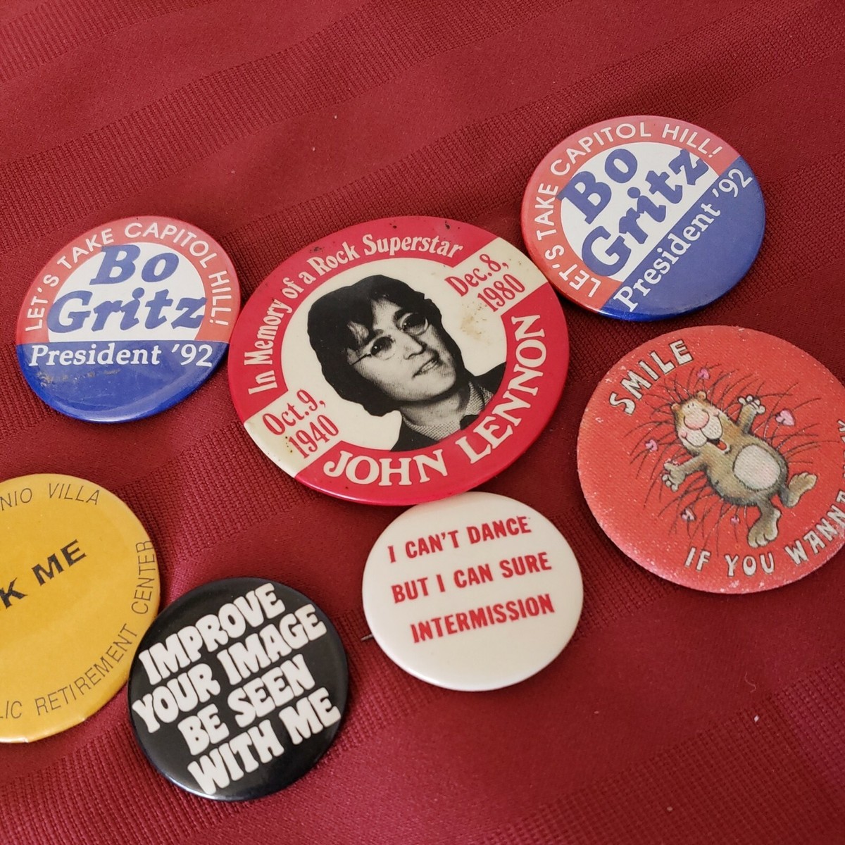 Pin Back (7) Buttons 70s / 90s John Lennon Beatles, Bo Gritz