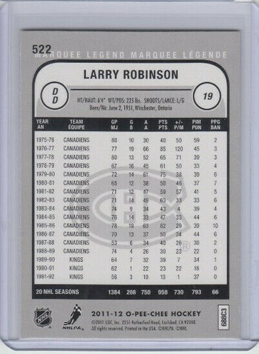 11/12 OPC Montreal Canadiens Larry Robinson Marquee Legend Rainbow card #522 - Picture 2 of 2