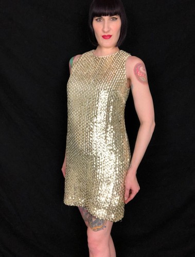 Vintage 1960s 60s Metallic Gold Sequin Mod Cocktail Party Dress Holiday NYE M - Picture 5 of 10