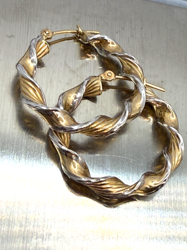 9k 9ct Gold Two Tone White & Yellow Gold Twist Hoop Earrings Stamped 375 - Picture 12 of 24