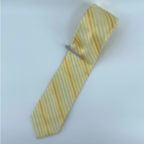 J.Ferrar Yellow Striped Tie with Tie Clip - Men's Necktie Business Casual Flaw - Picture 1 of 8