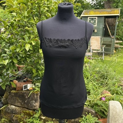 Vintage Y2K Marks & Spencer Black Lace Trim Spaghetti Strap Vest Top Size 14
