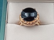 Elegant Sterling Silver Ring w. Gold Wash Cabochon Black Onyx Setting: Size 4.5