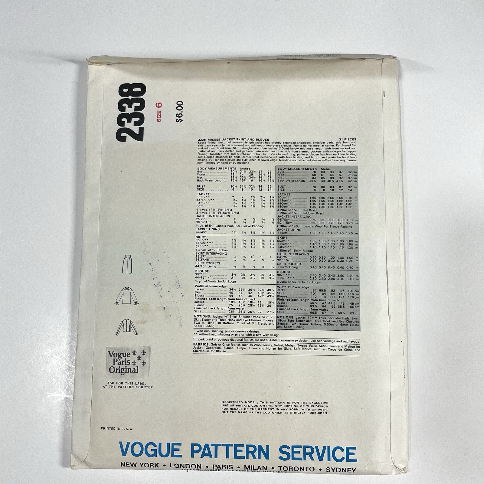 Yves Saint Laurent Vogue Paris modello originale 2338 giacca gonna blusa taglia 6
