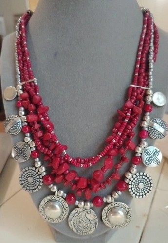 Collar Chicos Boho Suroeste Cuentas Rojas Antiguo Tono Plata Colgantes 15"-20"