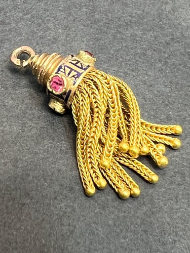 Victorian 14K Gold Ruby Blue Enamel Watch Chain Fob Tassel Fringes Pendant Charm - Picture 5 of 15