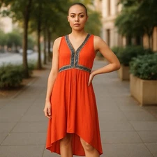 SPENSE Women's Orange High Low Maxi Embroidered Metal Beads Sleeveless Dress Med