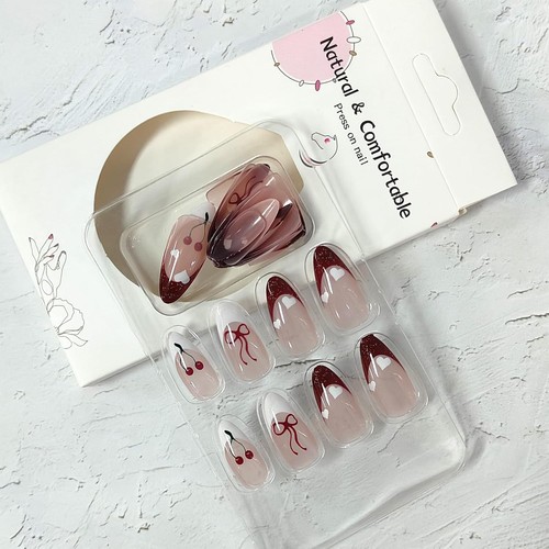 24Pcs French Tip Press on Nails Medium Almond 0.04 Fl Oz (Pack of 24), Red - Picture 3 of 7