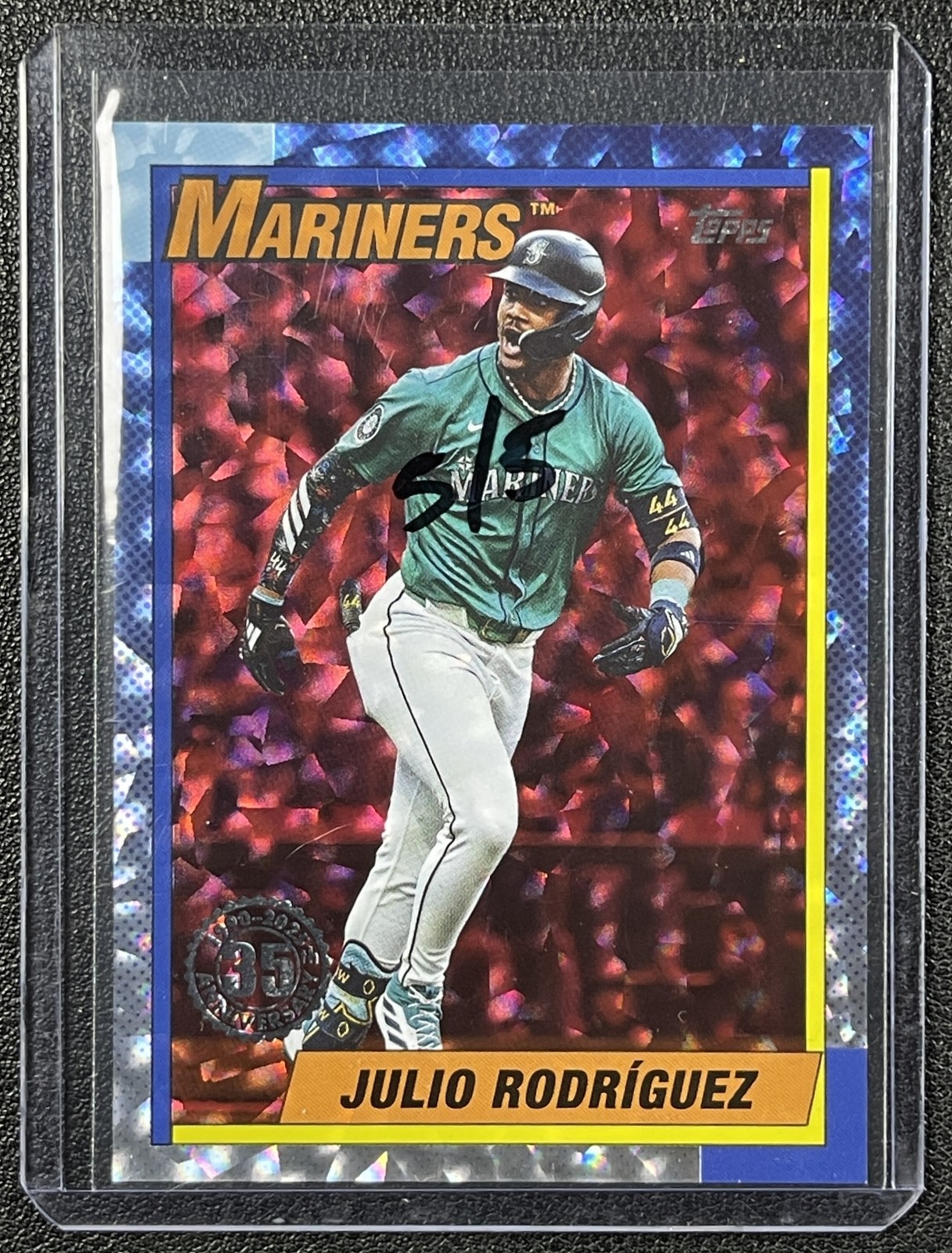 JULIO RODRIGUEZ 2025 TOPPS 1990 35TH ANNIVERSARY RED CRACKLE FOILBOARD 5/5