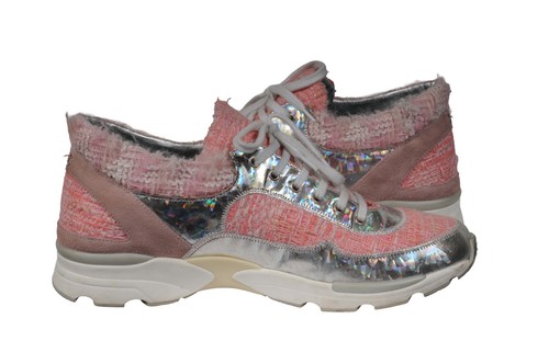 Chanel Mujer Tweed CC Logo Zapatillas Talla US 10 EU 40 Rosa Blanco Zapatillas Runne - Imagen 9 de 13