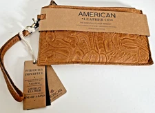American Leather Co Leather Floral Embossed Essential Power Wristlet Pouch NWT