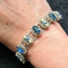 Vintage Book Chain link Panel Bracelet Pearl Blue Rhinestone Victorian Revival