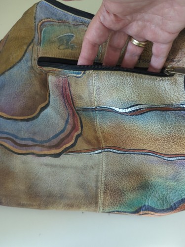ANUSCHKA HAND PAINTED Leather HOBO Bag Geometric Bronze Turquoise BOHO Art EUC - Picture 9 of 14