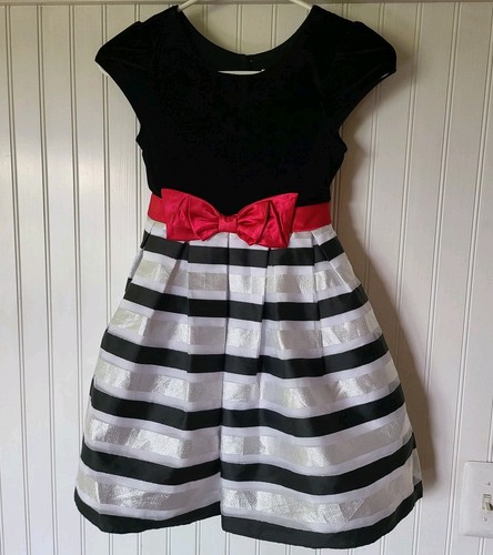 Girls Jona Michelle Holiday Dress Black & White Stripe Red Bow Size 7 Formal EUC