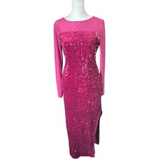 Grace Karin Magenta Sequin Bodycon Maxi Dress Small Long Sleeve Slit Party