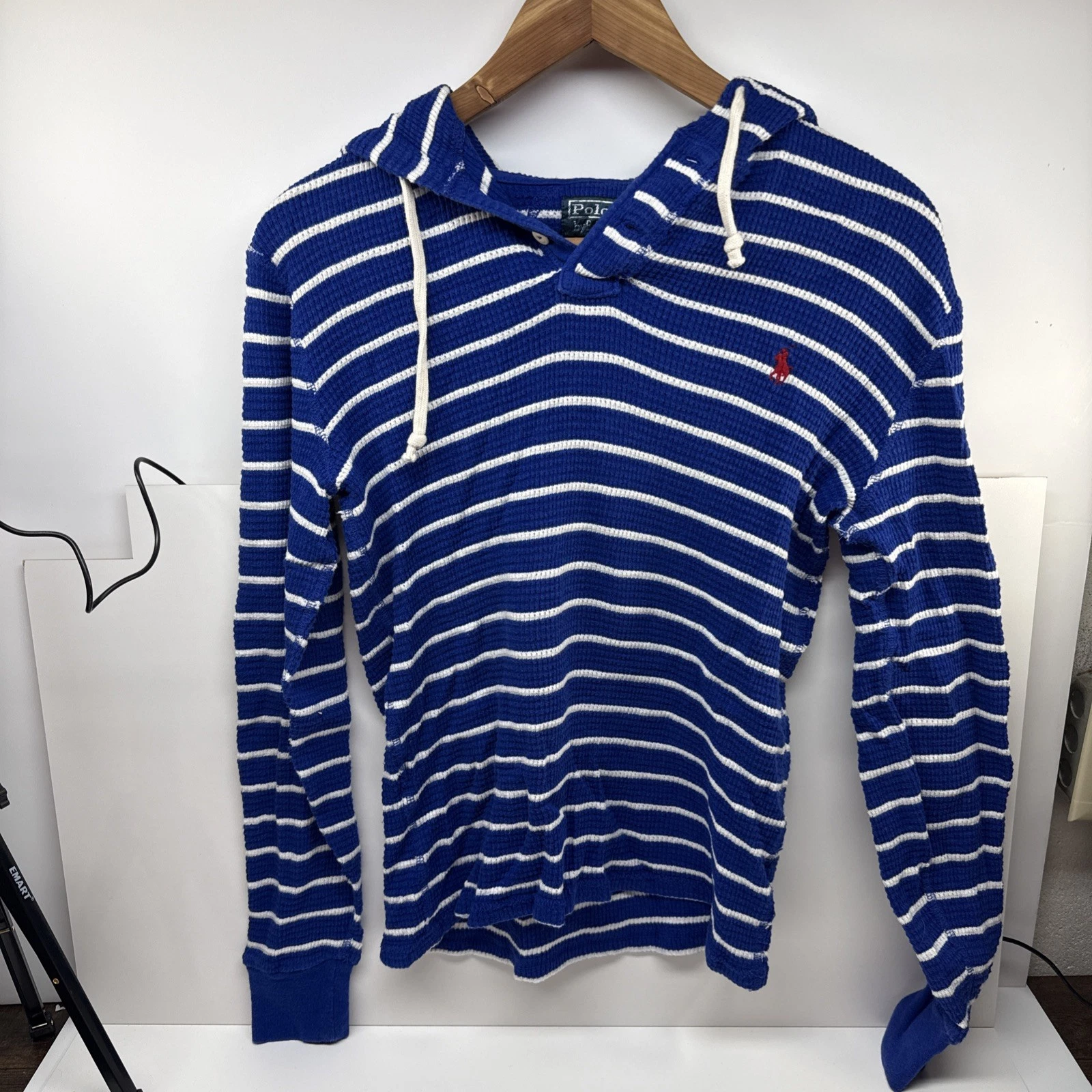 Polo Ralph Lauren S Hoodie Pullover Sweatshirt Blue Striped Thermal Rugby