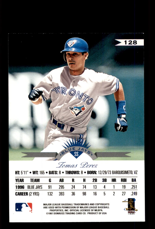 Signed Baseball Card Auto Tomas Perez 1997 Leaf #128 Toronto Blue Jays - Image 2 of 2