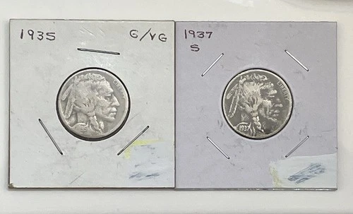 1935 & 1937 S U.S. Buffalo Nickels Old Antique Indian Head 5 Cent Coins