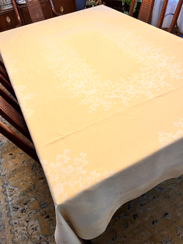 Beautiful Vtg Yellow Linen Damask Tablecloth 67x84 + 6 Dinner Napkins CLOVER! - Picture 3 of 14