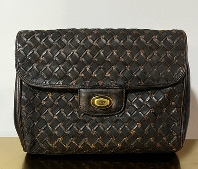 Bally Vintage Woven Leather Clutch Black Gold Turn Lock Italy No Strap 