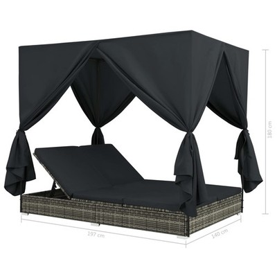 vidaXL Sonnenliege Vorhänge Poly Rattan Doppelliege Sonnenbett Gartenliege 180cm