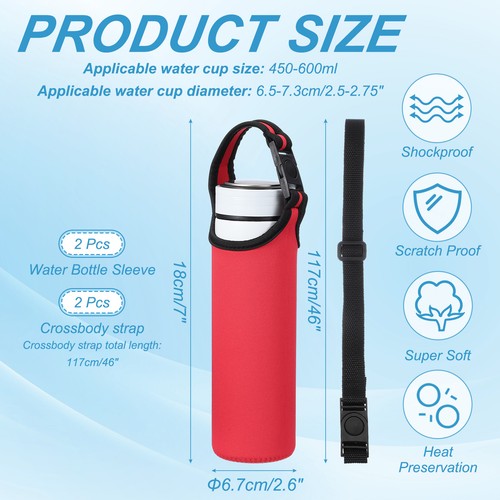 Funda para botella de agua aislada de neopreno de 15,5-20 oz 2 piezas con 2 correas, roja - Imagen 2 de 7