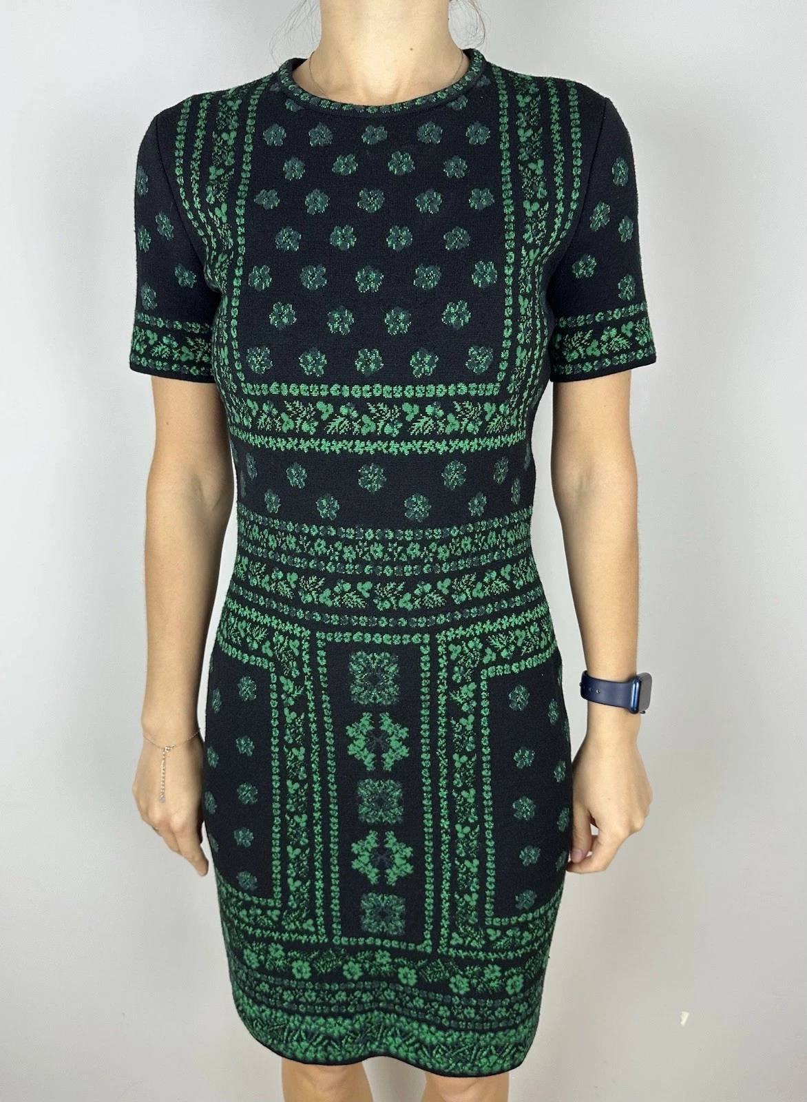 Abito maglione lana Alexander McQueen nero verde manica corta maglia trasparente XS S