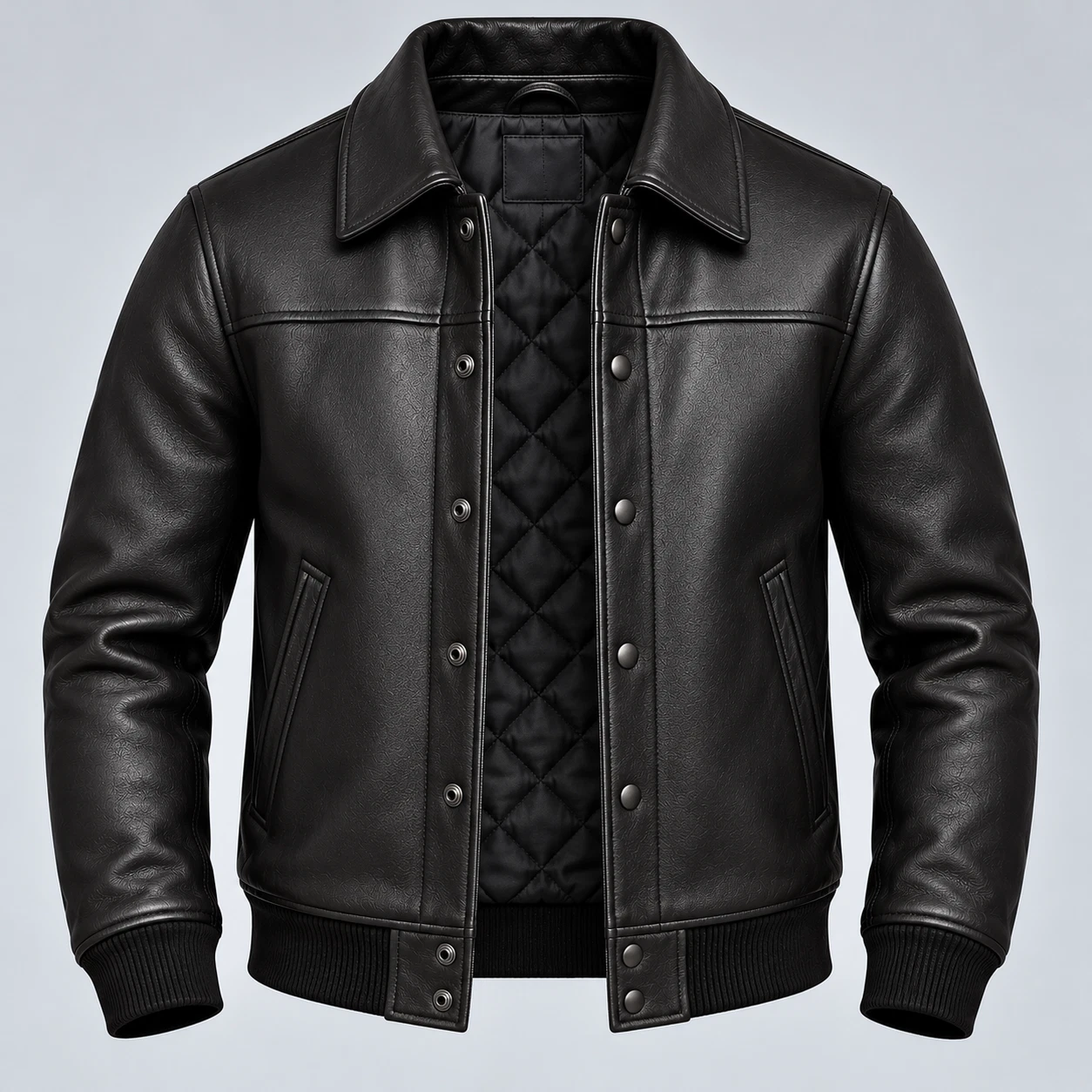 Men's Black Quilted Leather Bomber Jacket Ribbed Cuffs Classic Vintage Coat image 2