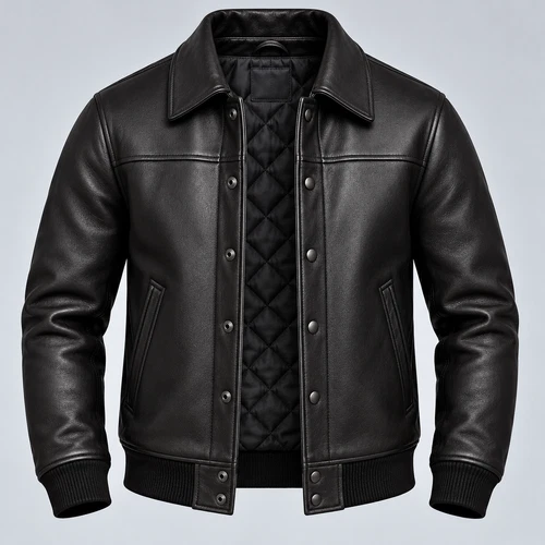 Men's Black Quilted Leather Bomber Jacket Ribbed Cuffs Classic Vintage Coat image 2