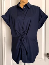 LRL Ralph Lauren Top Button Up Twist Front Short Sleeves Solid Navy Blue Large