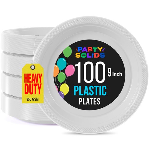 White 9" Heavy Duty Disposable Plastic Plates 100 Pcs Dinnerware Set - Bild 1 von 7