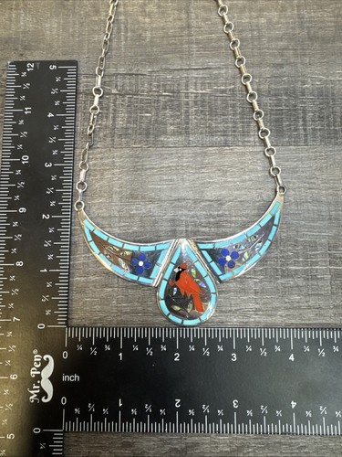 Rare Dennis Nancy Edaaki Inlaid Cardinal Sterling Zuni Necklace Turquoise Coral - Picture 12 of 13