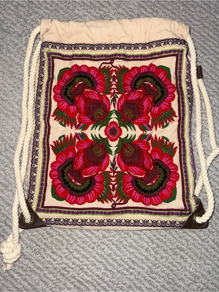 Embroidered Floral Drawstring Backpack AE Pink & Cream - Image 1 of 4