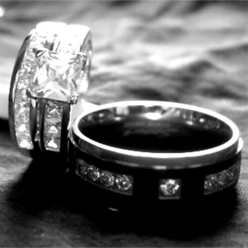 3 PCS HIS AND HERS TITANIUM 925 STERLING SILVER PRINCESS WEDDING BRIDAL RING SET - Picture 11 of 15