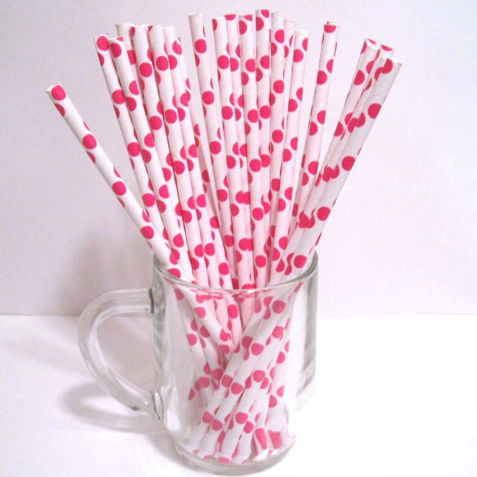 300 pajitas de papel blancas con puntos rosas suministros de fiesta celebración vacaciones Foto 4 de 4