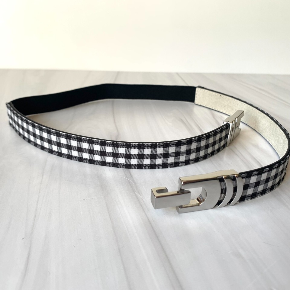 White House Black Market Black & White Gingham Leather Stretch Belt
