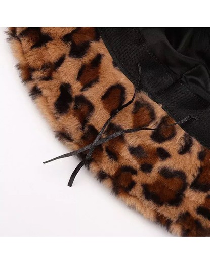 Women Leopard Print Faux Fur Hat Winter Warm Plush Fisherman Cap Bucket Hat - Bild 3 von 5